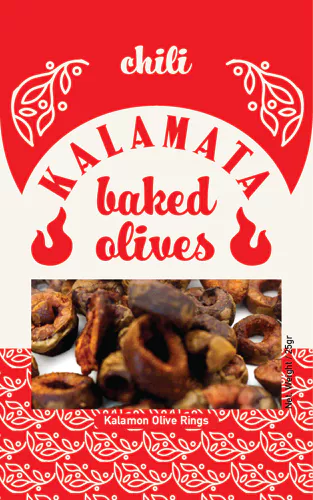 A package of Kalamata Baked Olives - Chili Flavor